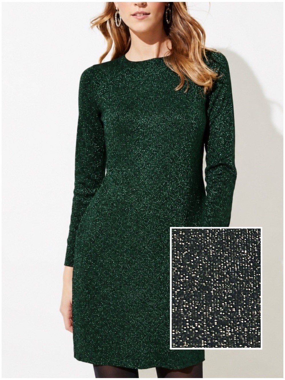 LOFT Green Shimmer Knit Long Sleeve Sparkly Holiday Party Crewneck Sweater Dress
